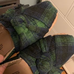 Tom’s bow flat! With a cute flannel blue and green print